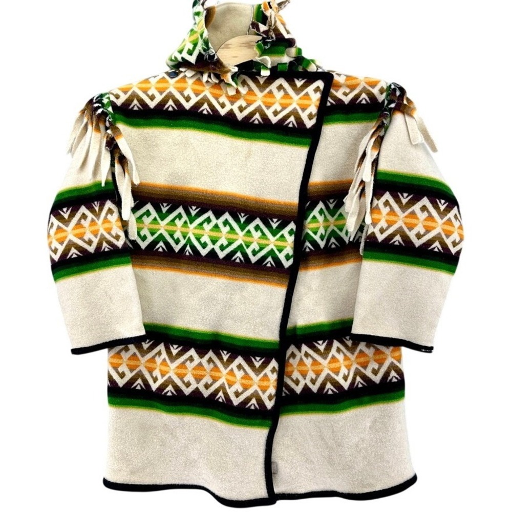 VTG Pendleton Beaver State Wool Blanket Coat Hooded Southwestern Fringe Cream